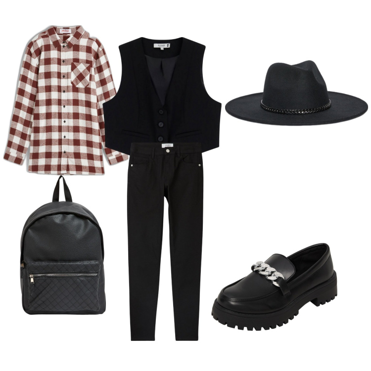 Outfit donna - Nostalgia. per Tutti i giorni. Abbinamento con camicie, mocassini, zaini, pantaloni skinny, gilet, cappelli.