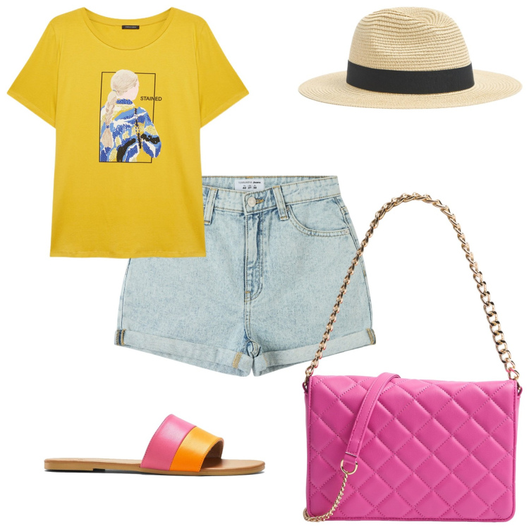 Outfit donna - Shorts e maglietta per la giornata. Stile Casual chic per Tutti i giorni. Abbinamento con ciabatte, cappelli, shorts, borse a tracolla, t-shirt.