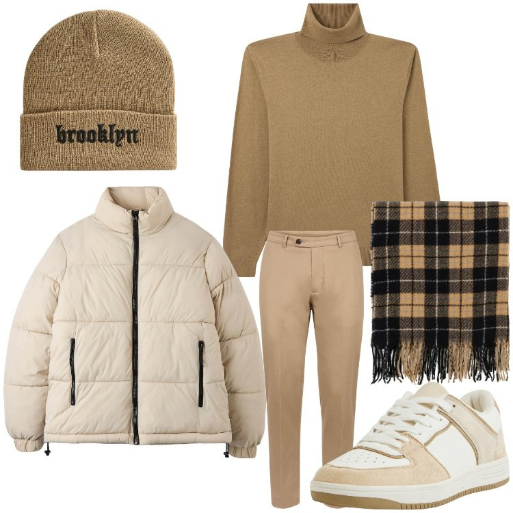 Outfit uomo - Marrone di fine gennaio. Stile Casual per Tutti i giorni. Abbinamento con sciarpe, piumini, maglieria, berretti, sneakers, pantaloni.