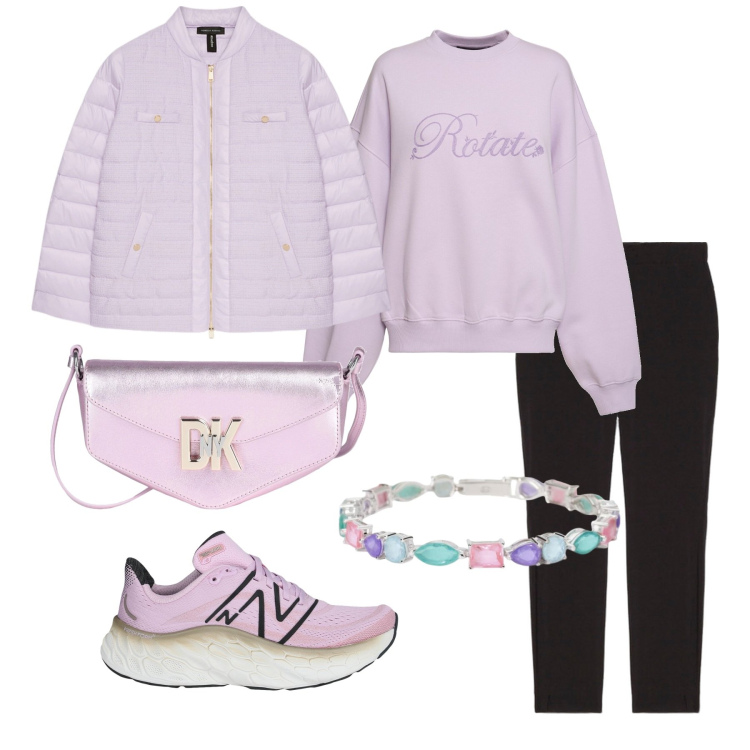 Outfit donna - Lilla. Stile Romantica per Scuola/Università. Abbinamento con sneakers, borse a tracolla, braccialetti, piumini, jeggings, felpe.