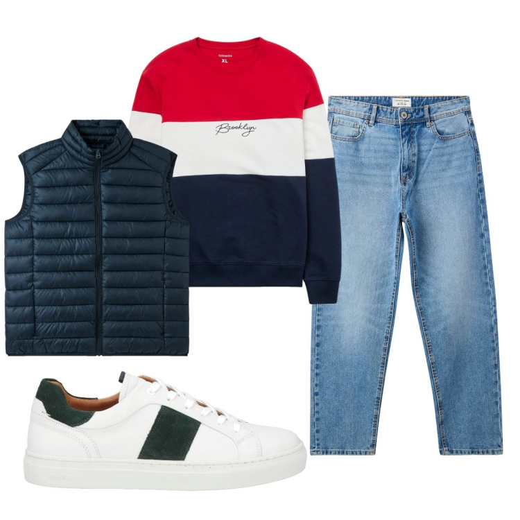Outfit uomo - Total look #2045241. Stile Casual per Tutti i giorni. Abbinamento con sneakers, felpe, gilet, jeans.