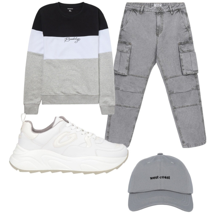 Outfit uomo - Total look #2045246. Stile Casual per Tutti i giorni. Abbinamento con sneakers, cappelli con visiera, felpe, jeans.