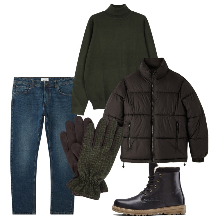 Outfit uomo - Temperature rigide. Stile Casual per Tutti i giorni. Abbinamento con stivali e stivaletti, jeans, piumini, maglieria, guanti.