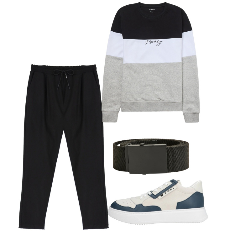 Outfit uomo - City. Stile Urban per Tutti i giorni. Abbinamento con sneakers, felpe, cinture, pantaloni.