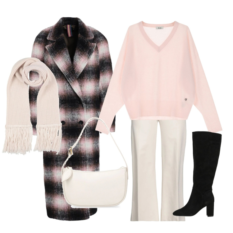 Outfit donna - Cappotto a quadri. Stile Chic per Tutti i giorni. Abbinamento con stivali, cappotti, sciarpe, pantaloni, pullovers, borse a spalla.