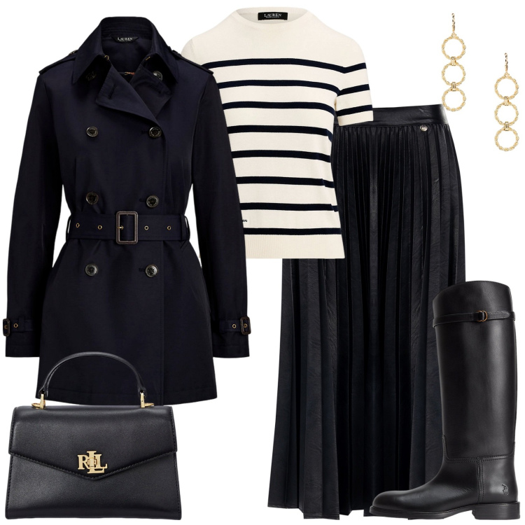 Outfit donna - Gonna plissettata!. Stile Casual chic per Serata fuori. Abbinamento con gonne longuette, trench, stivali, maglieria, borse a mano, orecchini.