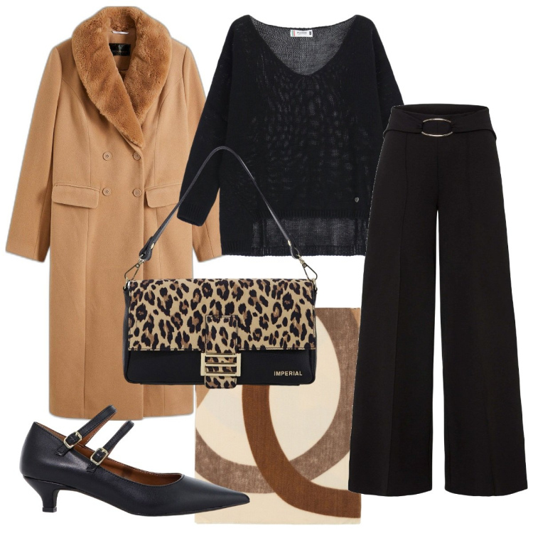 Outfit donna - Un insieme bon ton. Stile Bon Ton per Serata fuori. Abbinamento con pantaloni a palazzo, cappotti, maglieria, foulard, borse a spalla, décolleté.