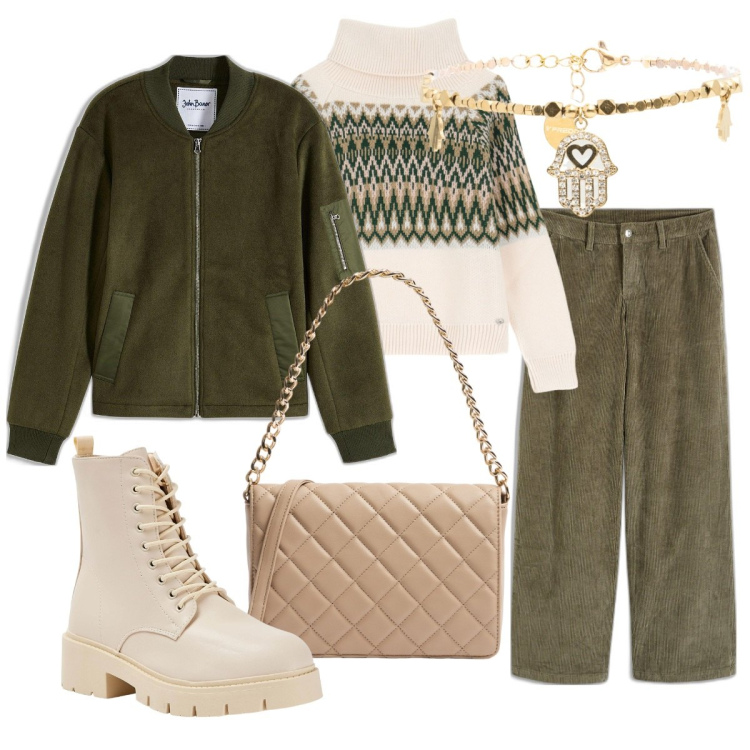 Outfit donna - Pantalone palazzo ogni giorno. Stile Casual per Tutti i giorni. Abbinamento con pantaloni a palazzo, bomber, anfibi, borse a tracolla, maglieria, braccialetti.