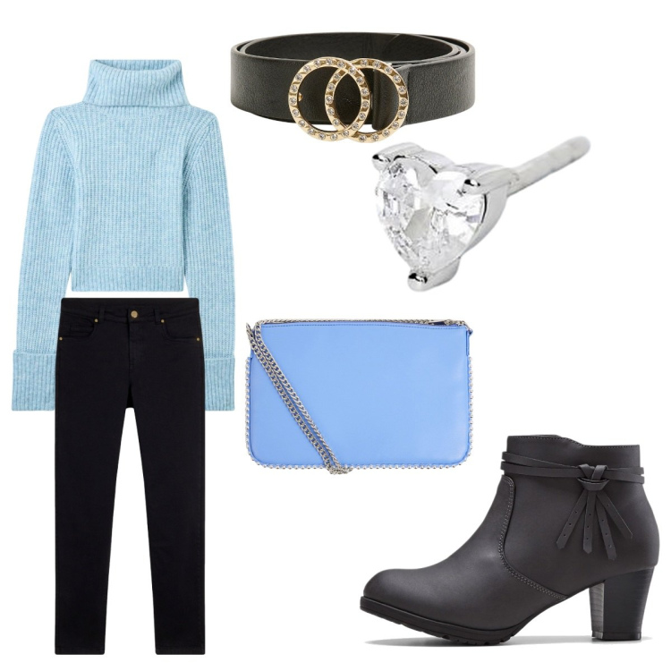Outfit donna - black and sky. Stile Casual per Serata fuori. Abbinamento con stivaletti, borse a tracolla, cinture, maglieria, orecchini, pantaloni skinny.
