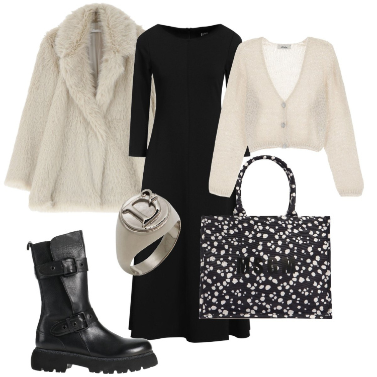 Outfit donna - Calda con la pelliccia. Stile Chic per Ufficio. Abbinamento con stivaletti, vestiti midi/longuette, anelli, ecopellicce, cardigans, shopping bag.