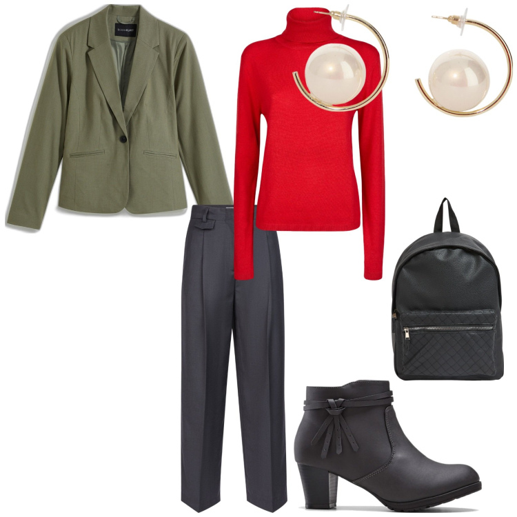 Outfit donna - In banca. per Tutti i giorni. Abbinamento con blazer, stivaletti, zaini, orecchini, maglieria, pantaloni.