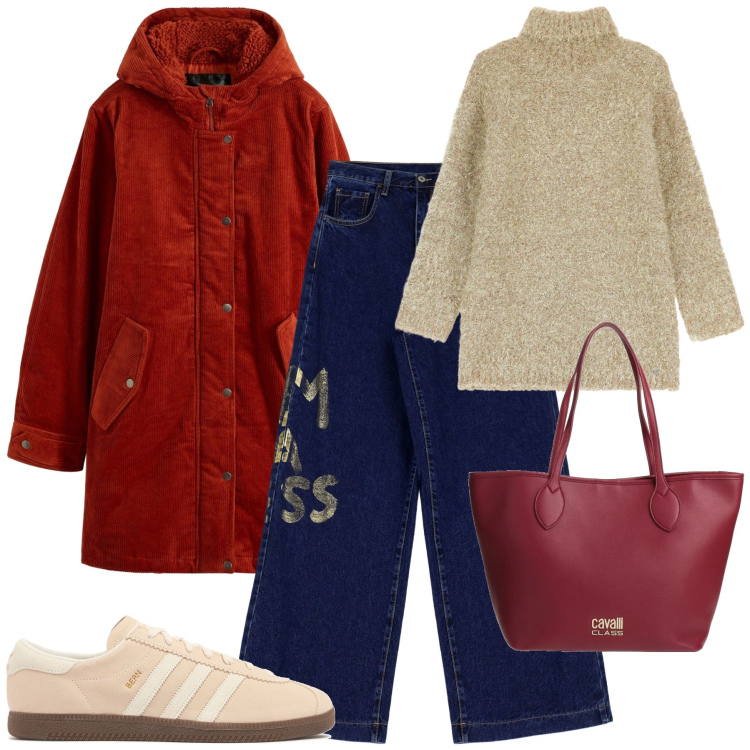 Outfit donna - Comoda in giro. Stile Sporty chic per Tutti i giorni. Abbinamento con parka, borse a spalla, maglieria, jeans, sneakers.