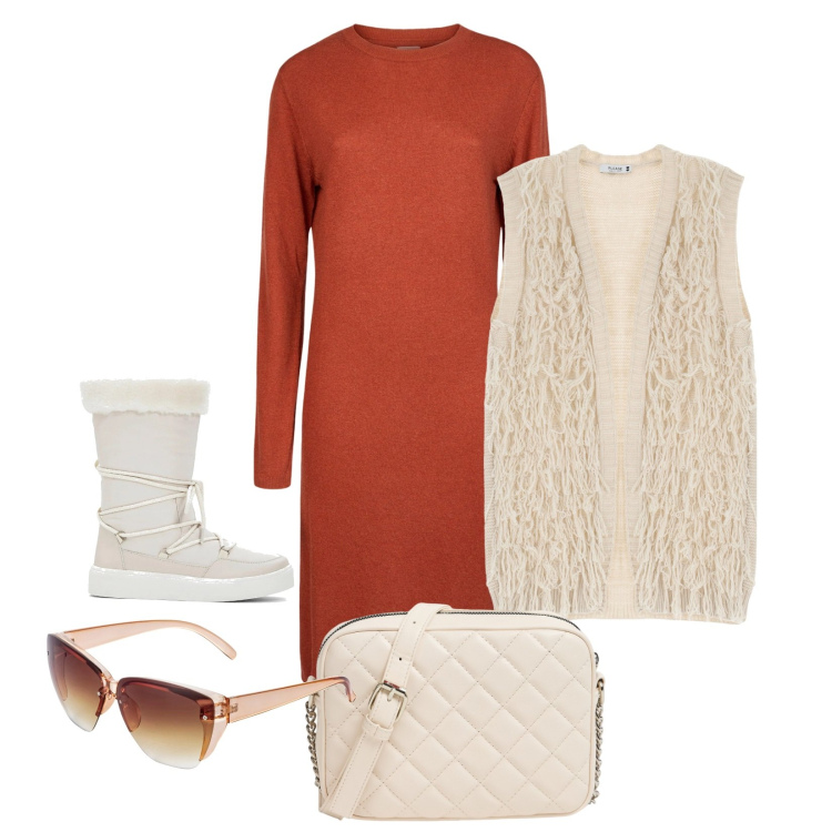 Outfit donna - Non solo bianco. Stile Trendy per Tutti i giorni. Abbinamento con occhiali da sole, stivaletti, gilet, vestiti midi/longuette, borse a tracolla.