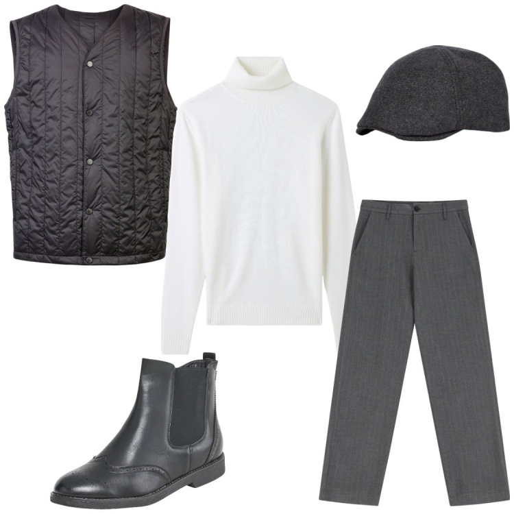 Outfit uomo - La coppola. Stile Trendy per Tutti i giorni. Abbinamento con stivali e stivaletti, maglieria, pantaloni, piumini, cappelli con visiera.
