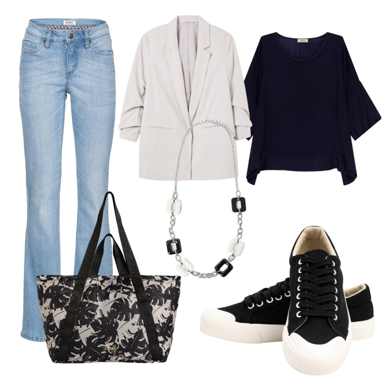 Outfit donna - Total look #2045364. Stile Casual per Scuola/Università. Abbinamento con jeans bootcut, blazer, shopping bag, bluse, sneakers, collane.
