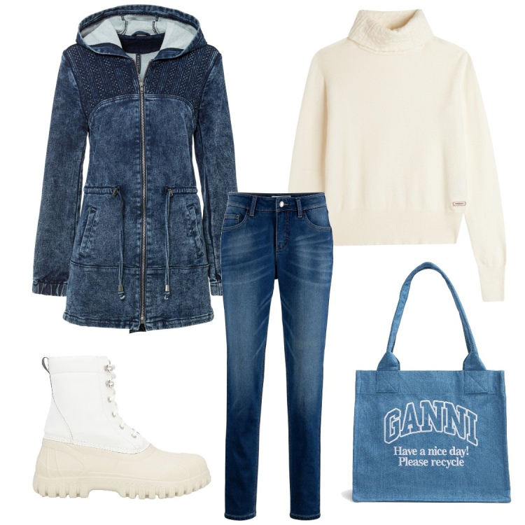 Outfit donna - Jeans & white. Stile Casual per Tutti i giorni. Abbinamento con jeans boyfriend, parka, stivaletti, maglieria, shopping bag.