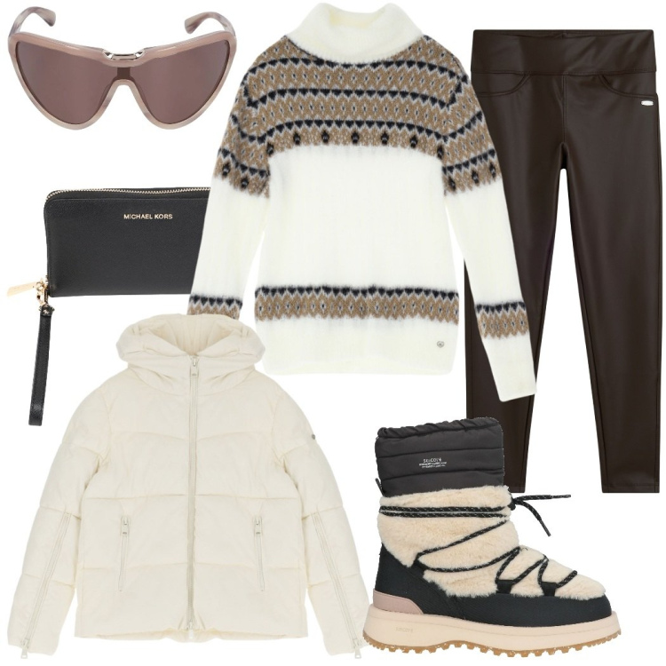 Outfit donna - Weekend in montagna. Stile Sporty chic per Tutti i giorni. Abbinamento con stivaletti, portafogli, maglieria, piumini, leggings, occhiali da sole.