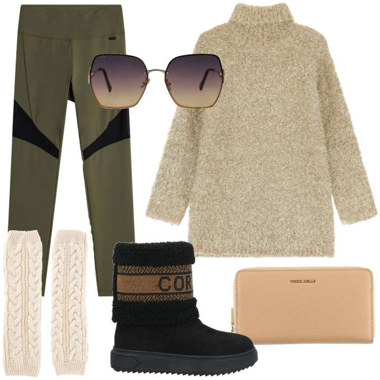 Outfit donna - Relax in baita. Stile Casual chic per Tutti i giorni. Abbinamento con calzini, stivaletti, portafogli, occhiali da sole, maglieria, leggings.