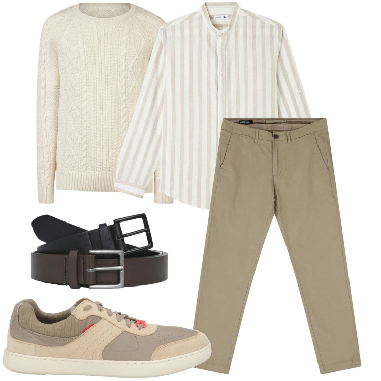 Outfit uomo - In chiaro anche di giorno. Stile Casual per Tutti i giorni. Abbinamento con sneakers, camicie, cinture, pantaloni chino, maglieria.