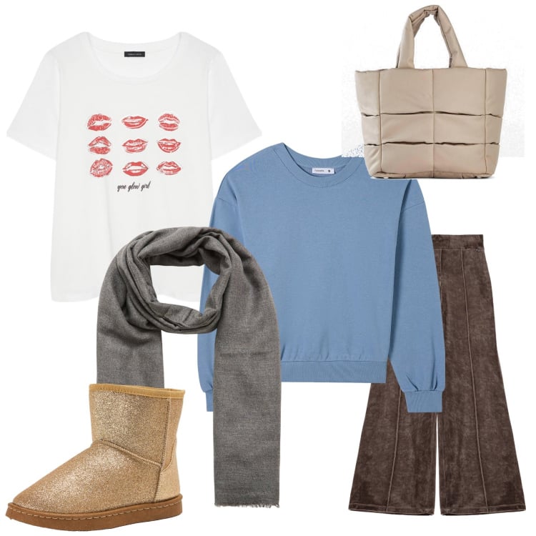 Outfit donna - La comodità. Stile Casual per Tutti i giorni. Abbinamento con borse a mano, t-shirt, felpe, stivali, sciarpe, pantaloni a palazzo.
