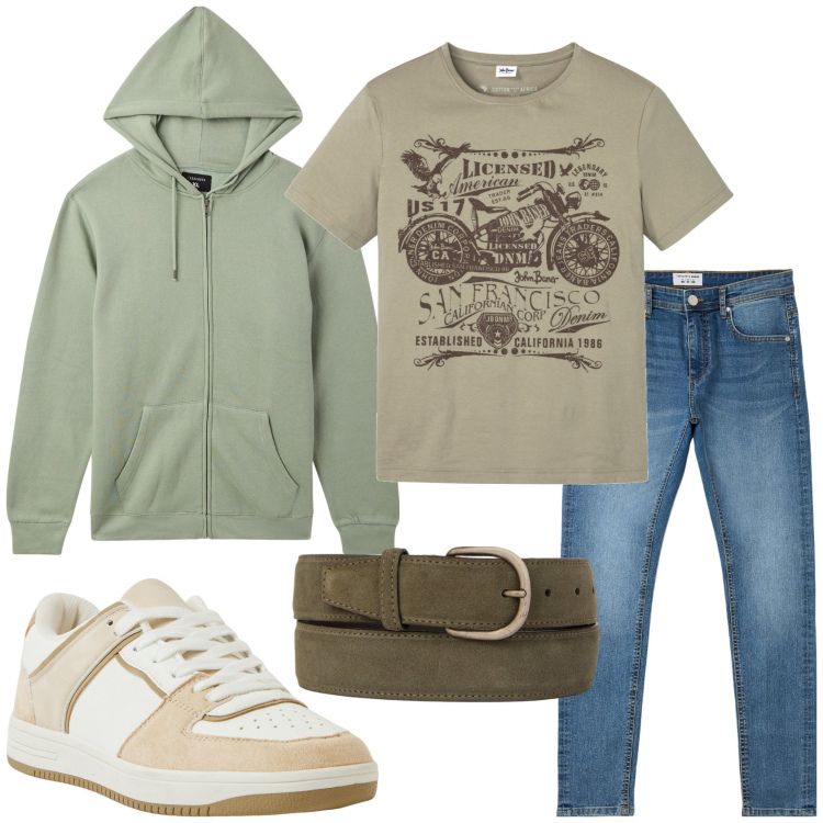 Outfit uomo - Felpa e jeans per un invito. Stile Casual per Tutti i giorni. Abbinamento con t-shirt, sneakers, jeans skinny, felpe con cappuccio, cinture.