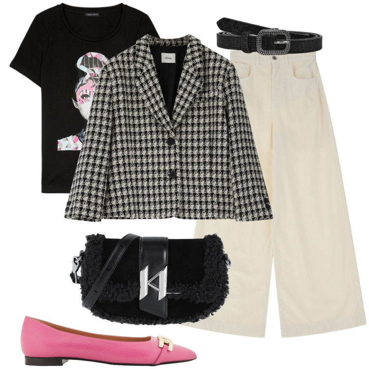 Outfit donna - Panta palazzo e giacca pied de poule. Stile Casual chic per Tutti i giorni. Abbinamento con borse a spalla, ballerine, cinture, blazer, pantaloni a palazzo, t-shirt.