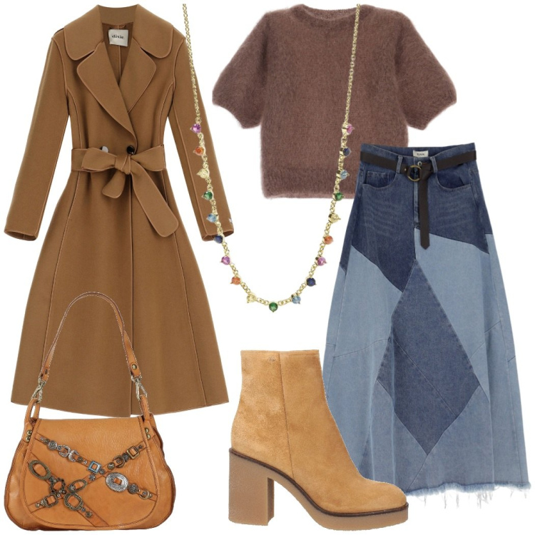 Outfit donna - La gonna country. Stile Casual chic per Tutti i giorni. Abbinamento con borse a spalla, stivaletti, collane, t-shirt, gonne longuette, cappotti.