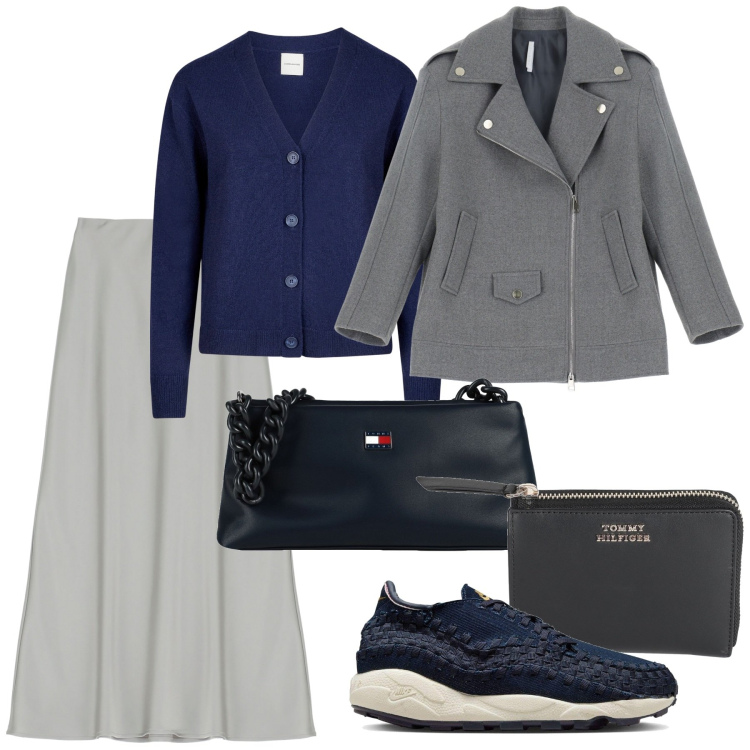 Outfit donna - Golfino blu. Stile Trendy Abbinamento con borse a mano, portafogli, gonne lunghe, blazer, cardigans, sneakers.