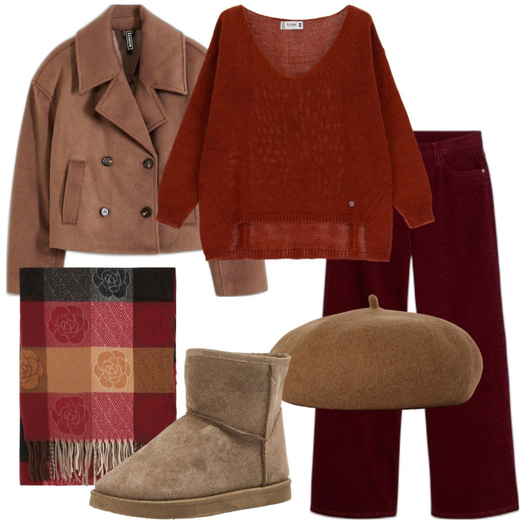 Outfit donna - Colori caldi. Stile Casual per Tutti i giorni. Abbinamento con pantaloni, caban, stivaletti, maglieria, foulard, cappelli e berretti.