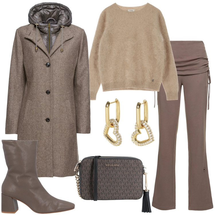Outfit donna - Freddo non ti temo. Stile Casual chic per Tutti i giorni. Abbinamento con cappotti, borse a tracolla, stivaletti, orecchini, pullovers, pantaloni.