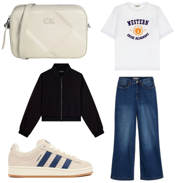 Outfit donna - Total look #2045408. Stile Casual per Tutti i giorni. Abbinamento con jeans, borse a tracolla, bomber, t-shirt, sneakers.