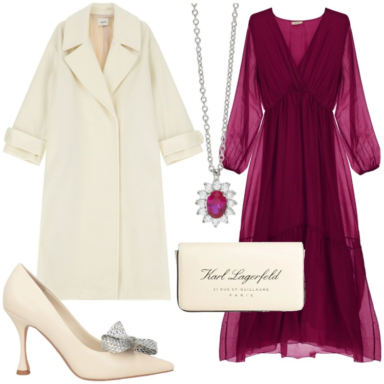 Outfit donna - Serata glamour. Stile Glamour per Serata fuori. Abbinamento con décolleté, borse a mano, collane, vestiti lunghi, cappotti.