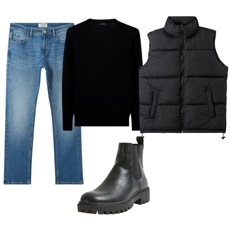 Outfit uomo - Total look #2045412. Stile Casual per Tutti i giorni. Abbinamento con jeans, stivali e stivaletti, piumini, maglieria.