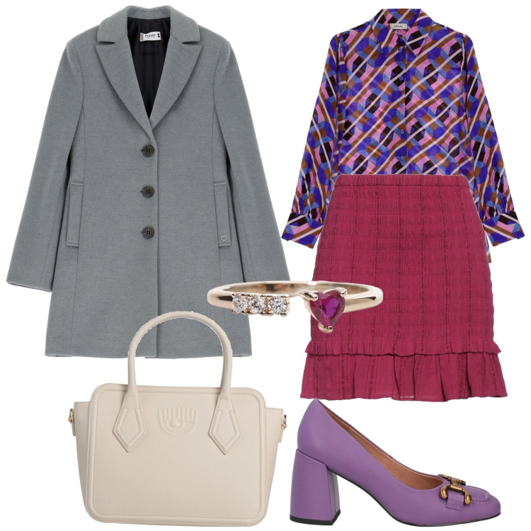 Outfit donna - Colori in ufficio. Stile Glamour per Ufficio. Abbinamento con minigonne, décolleté, borse a mano, anelli, cappotti, camicie.