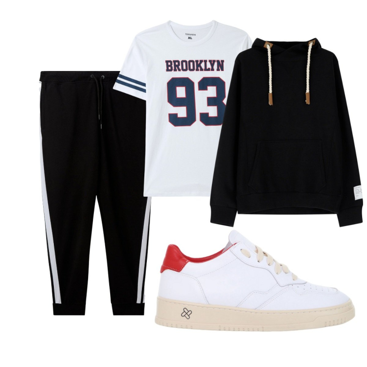 Outfit uomo - Total look #2045414. Stile Casual per Sport. Abbinamento con t-shirt, pantaloni, sneakers, felpe con cappuccio.