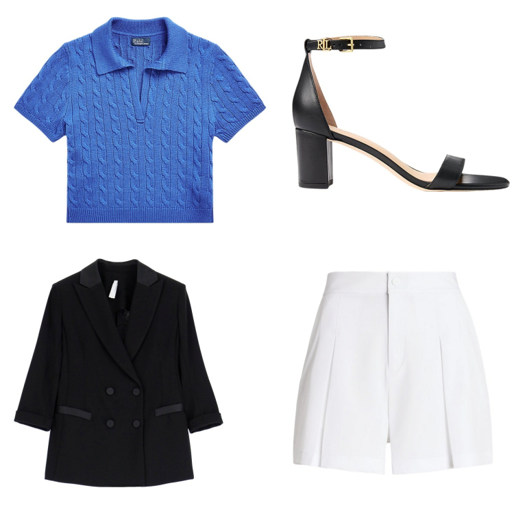 Outfit donna - Total look #2045415. Stile Casual chic per Tutti i giorni. Abbinamento con blazer, sandali in pelle, minigonne, polo.