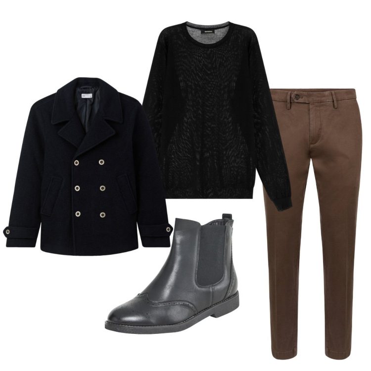 Outfit uomo - Total look #2045417. Stile Trendy per Mare. Abbinamento con stivali e stivaletti, cappotti, maglieria, pantaloni chino.