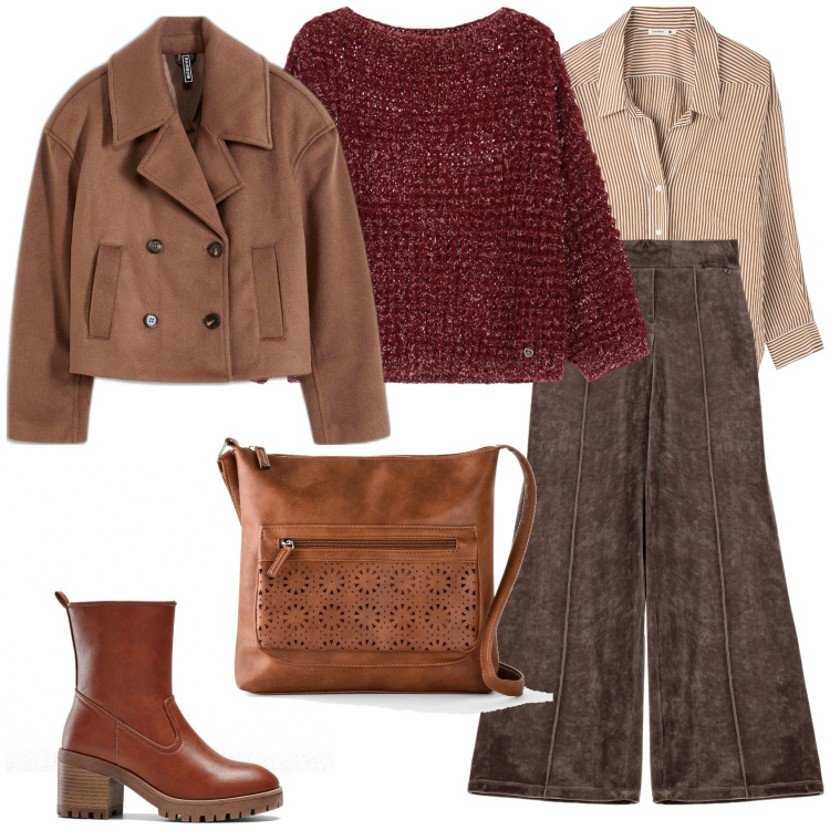 Outfit donna - The browns. Stile Casual chic per Ufficio. Abbinamento con borse a tracolla, stivaletti, caban, camicie, maglieria, pantaloni a palazzo.