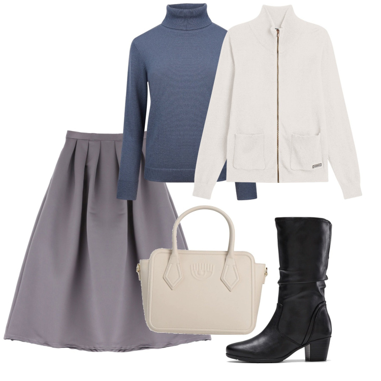 Outfit donna - La gonna ampia. Stile Bon Ton per Tutti i giorni. Abbinamento con stivali, borse a mano, maglieria, gonne lunghe, maglieria.