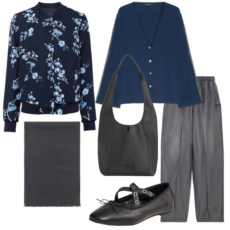 Outfit donna - Grigio e blu. Stile Casual chic per Tutti i giorni. Abbinamento con bomber, ballerine, sciarpe, borse a spalla, jeans, cardigans.