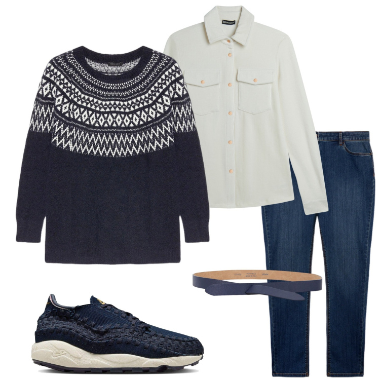 Outfit donna - Casual style. Stile Casual per Tutti i giorni. Abbinamento con camicie, cinture, jeans skinny, maglieria, sneakers.