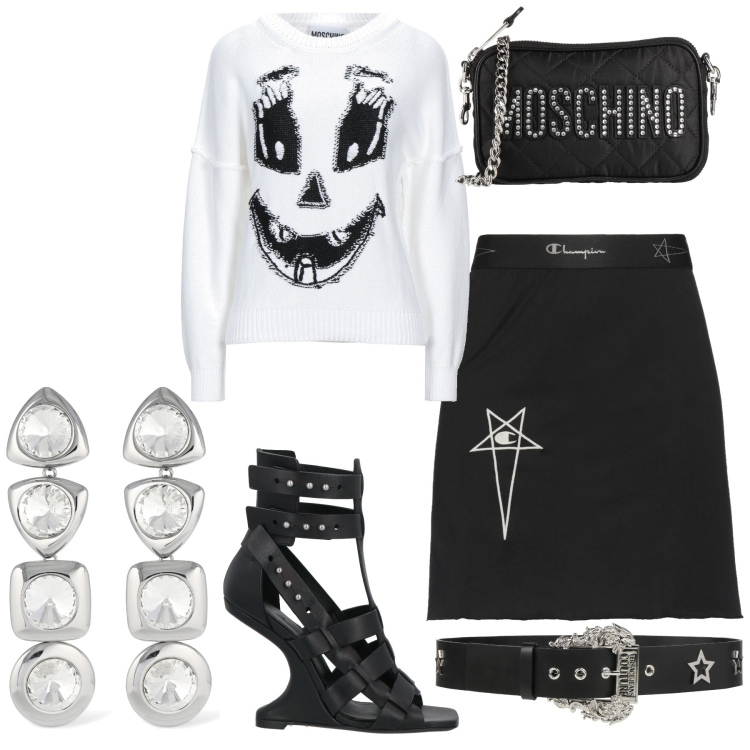 Outfit donna - Creepy. Stile Rock per Serata fuori. Abbinamento con pullovers, minigonne, sandali alla schiava, borse a tracolla, cinture, orecchini.