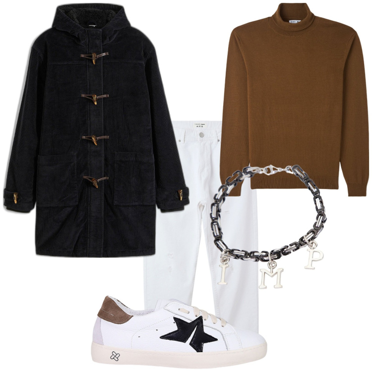 Outfit uomo - Io mi piaccio. Stile Trendy per Tutti i giorni. Abbinamento con montgomery, jeans strappati, maglieria, braccialetti, sneakers.