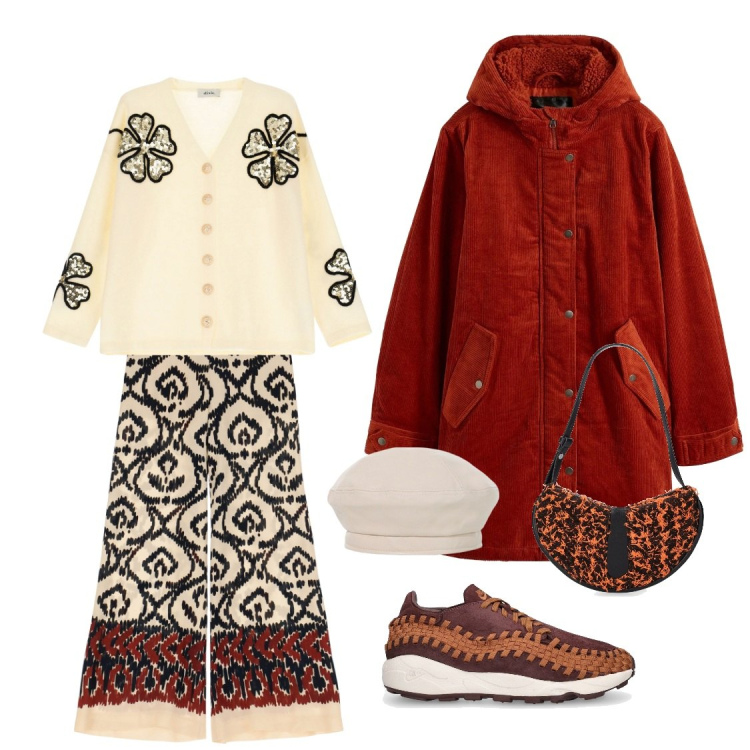 Outfit donna - Ruggine. Stile Sporty chic per Tutti i giorni. Abbinamento con parka, pantaloni a palazzo, cardigans, cappelli e berretti, borse a spalla, sneakers.
