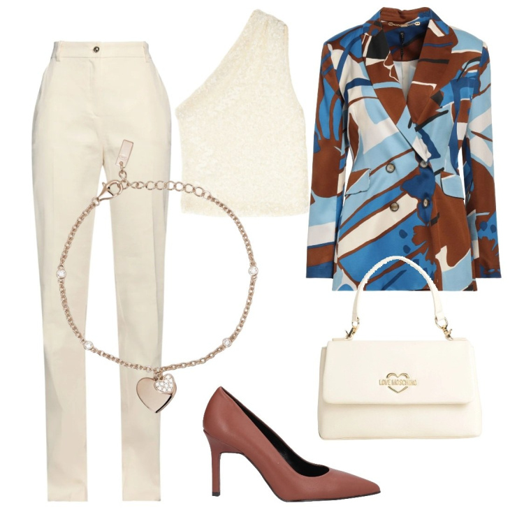 Outfit donna - Una giacca di carattere. Stile Chic per Cerimonia. Abbinamento con décolleté, blazer, pantaloni, borse a mano, braccialetti con ciondoli, top.