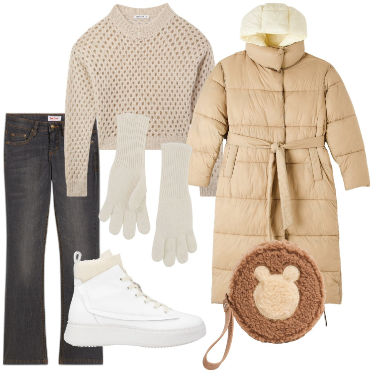 Outfit donna - Total look #2045476. Stile Casual per Tutti i giorni. Abbinamento con jeans bootcut, sneakers alte, blazer, portafogli, maglieria, guanti.