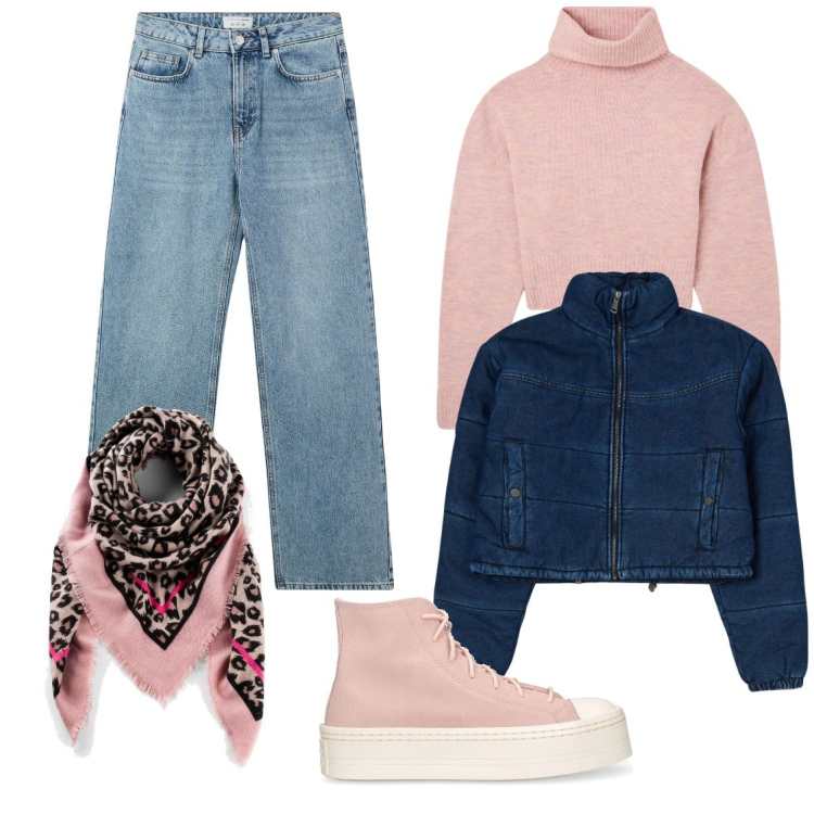 Outfit donna - Comfort in città. Stile Casual per Tutti i giorni. Abbinamento con foulard, maglieria, blazer, jeans, sneakers.