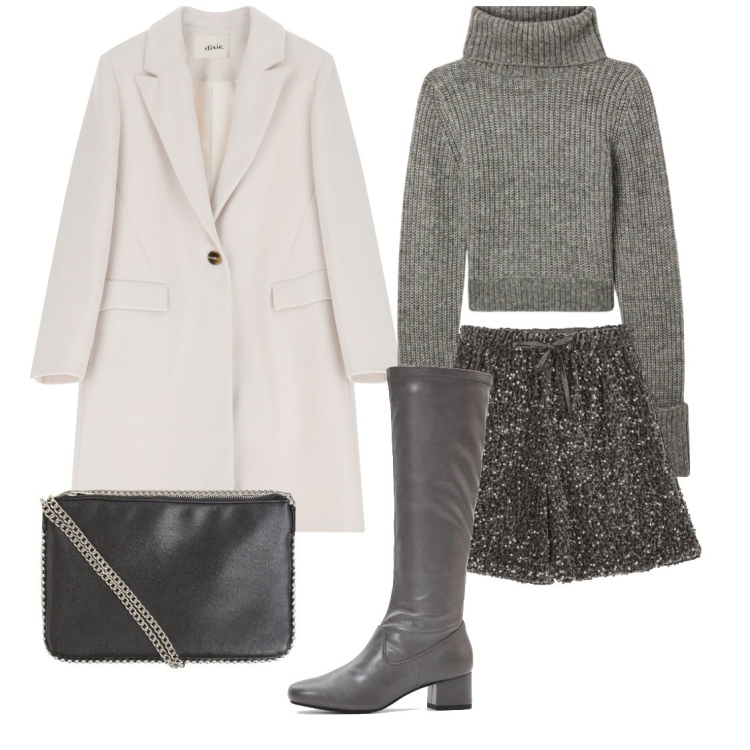 Outfit donna - Serata. Stile Glamour per Serata fuori. Abbinamento con stivali, borse a tracolla, maglieria, minigonne, cappotti.