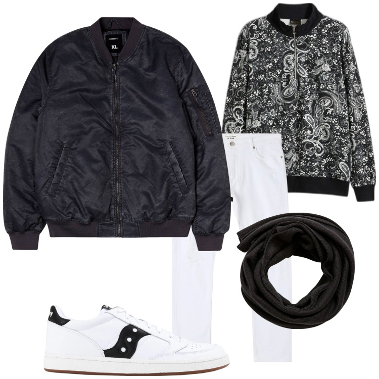 Outfit uomo - Total look #2045481. Stile Casual per Tutti i giorni. Abbinamento con felpe, sneakers, jeans strappati, sciarpe, bomber.