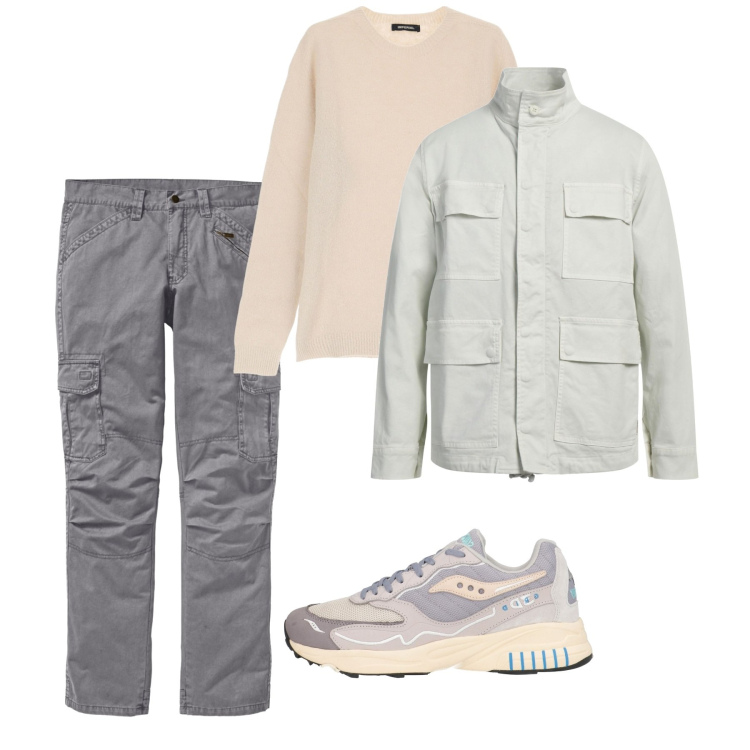 Outfit uomo - Neutri. Stile Casual per Tutti i giorni. Abbinamento con pantaloni cargo, sneakers, giacche, maglieria.